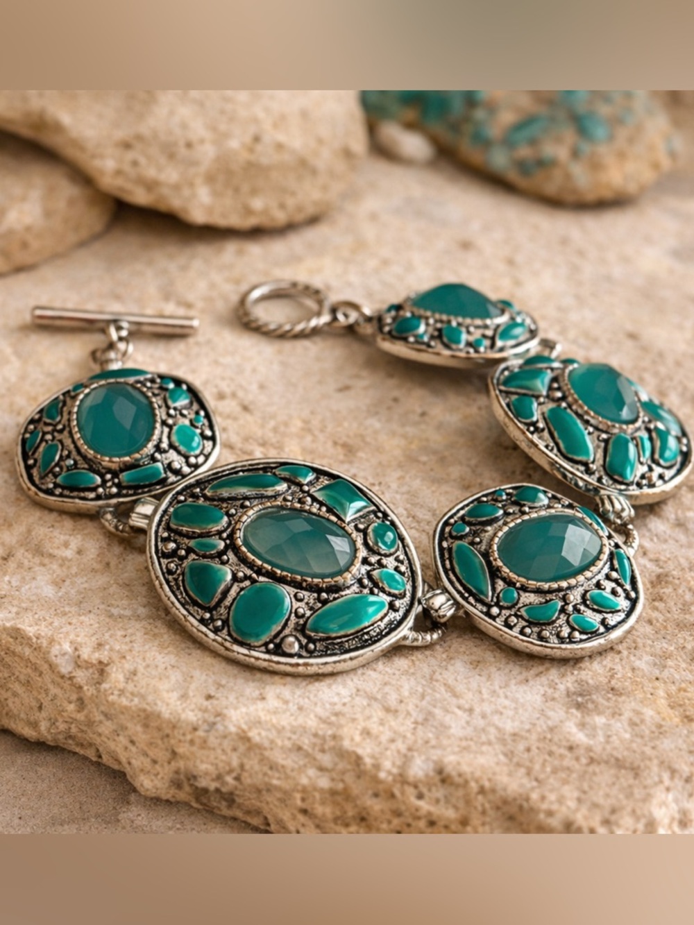 Turquoise Color Statement Bracelet Silver Tone Chunky Boho Toggle